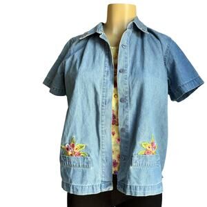 Vintage Lemon Grass Denim Shirt Jacket Embroidered Floral Women's PM NWT